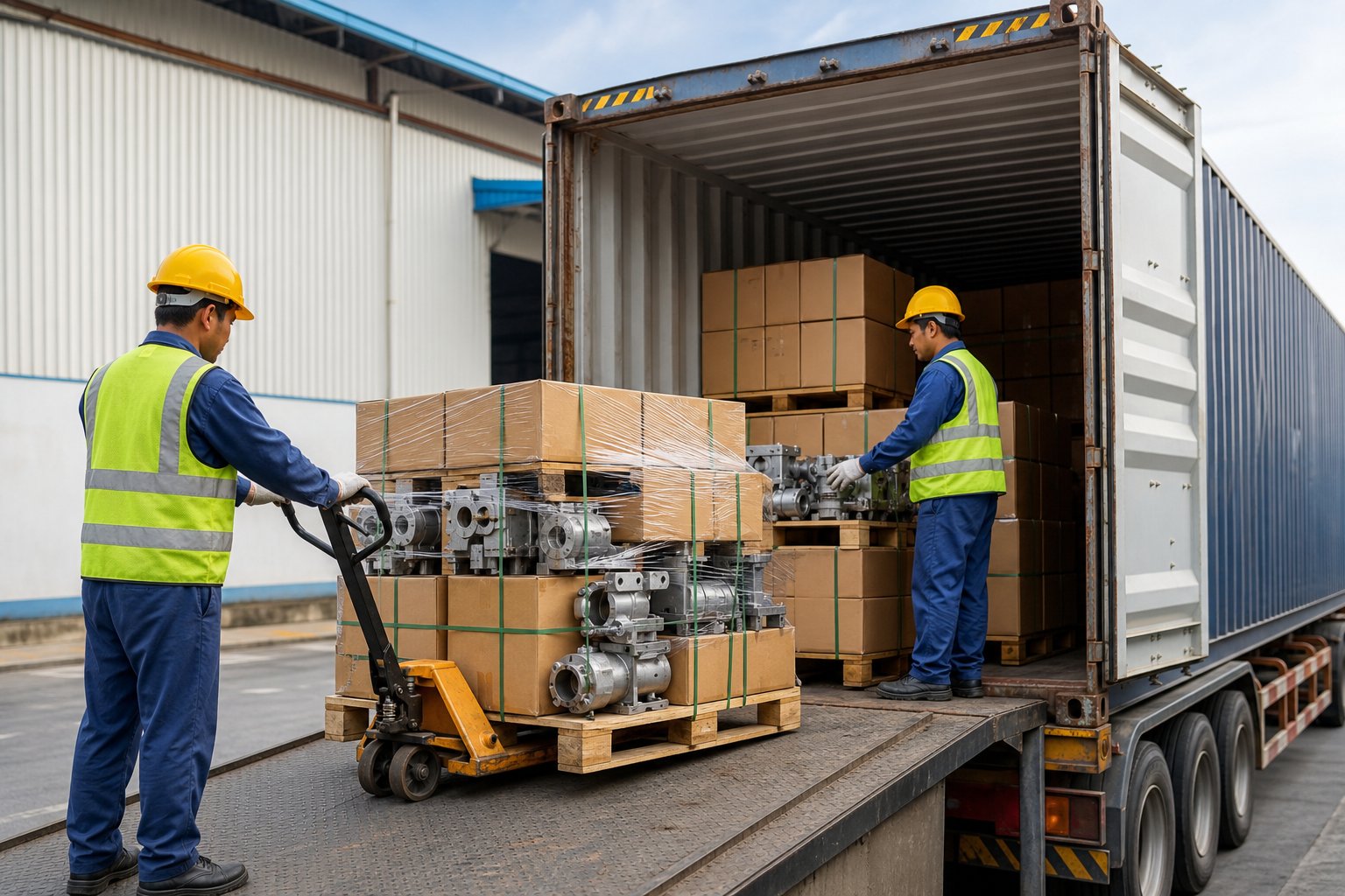 Truck parts packed and loaded into a shipping container for export