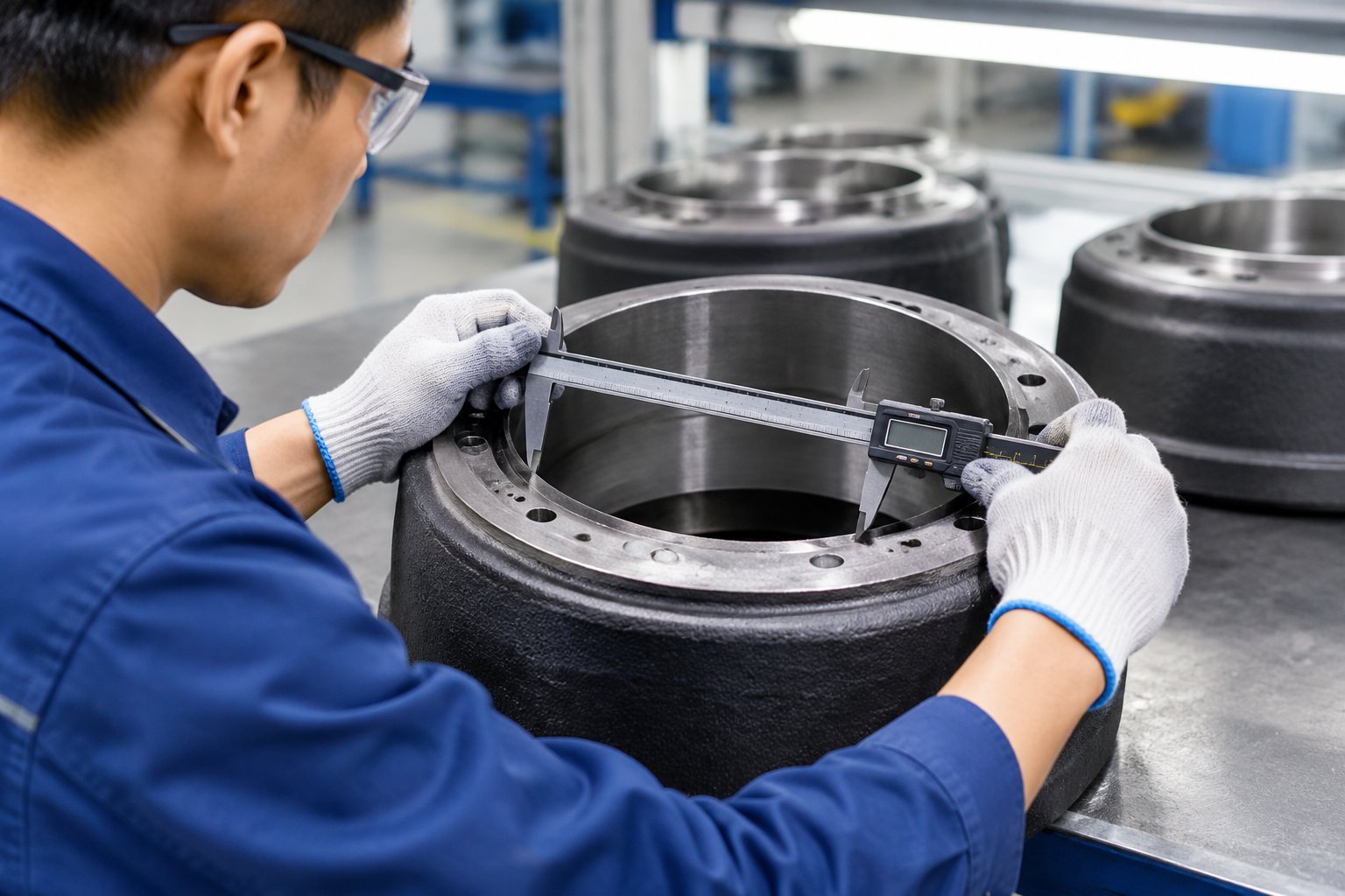Quality inspector measuring a truck brake drum with a digital caliper
